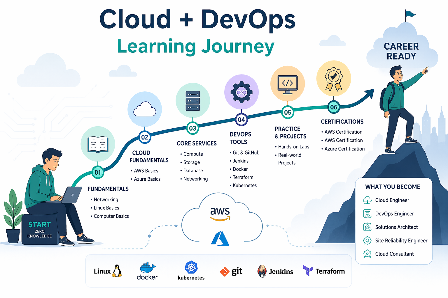 Cloud and DevOps learning journey illustration
