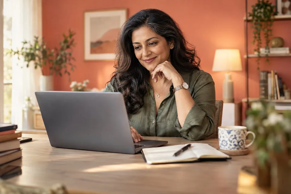 Illustrative adult returning to learning with a laptop