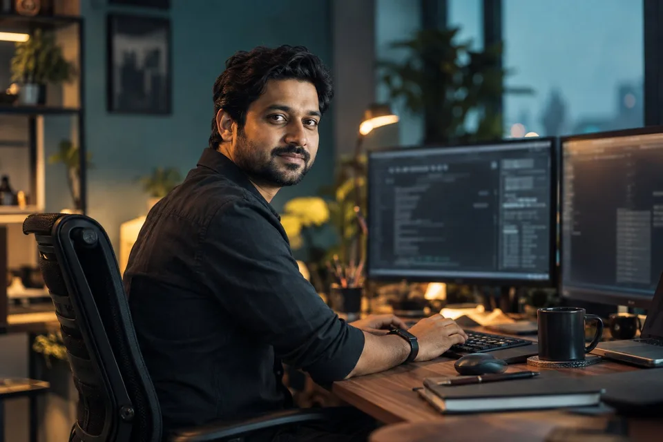 Illustrative IT professional working at a workstation
